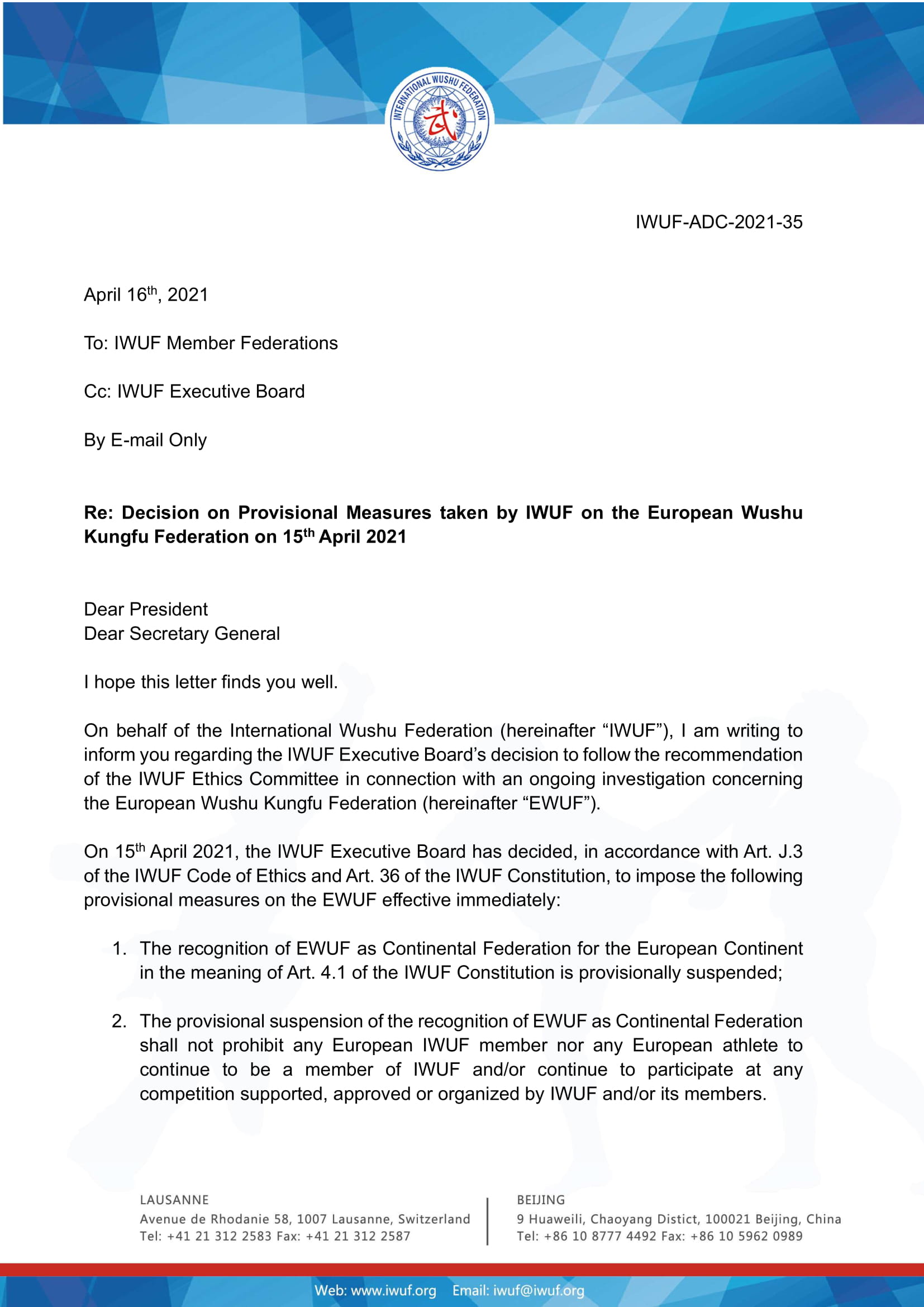2021-04-16 Decision on Provisional Measures taken by IWUF on the European Wushu Kungfu Federation (EWUF)-1